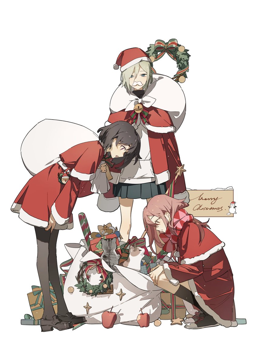 multiple girls 3girls santa hat christmas hat skirt scarf  illustration images