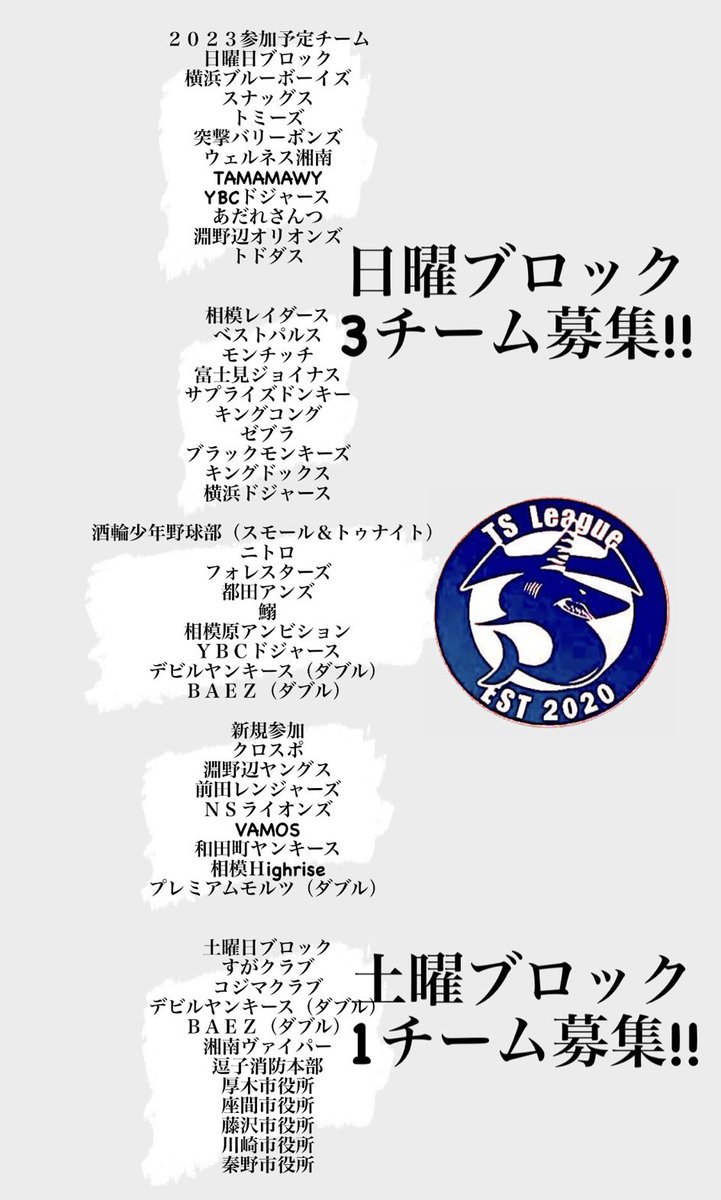 🦈ＴＳリーグ2023 エントリーチーム公開🦈
　⚠️エントリーチーム追加募集します❗️

日曜ブロック　全40チーム予定(現37)

土曜ブロック　全12チーム予定(現12)

下記の画像のとおりに募集させていただきますので、
参加希望チーム様いらっしゃいましたら
当方DMまでご連絡お願い致します🙇‍♂️✨