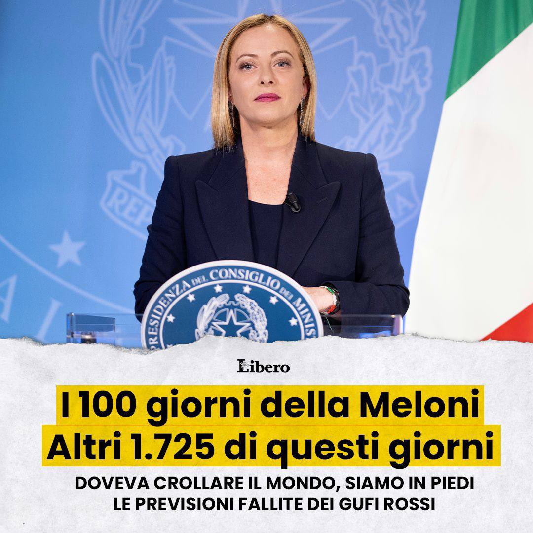 Doveva crollare il mondo!? 

E invece il #GovernoMeloni ha tenuto i #conti in ordine, messo in sicurezza famiglie e imprese dal #carobollette e l’Italia è tornata #protagonista in Europa e nel mondo. 

Avanti così #Presidente! 👏🏼🇮🇹
Altri 1.725 di questi giorni! ❤️