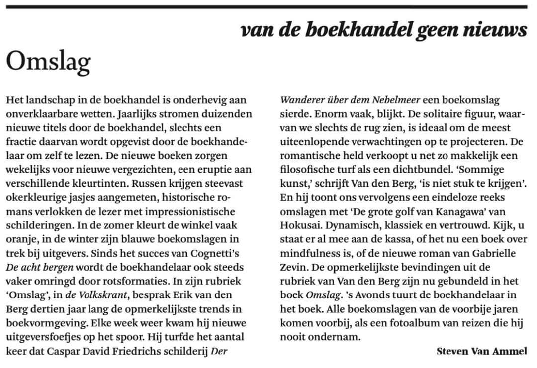 Column van Steven van Ammel in Standaard der Letteren, gisteren (‘Omslag’ verscheen bij uitgeverij Hoogland &amp; Van Klaveren)
