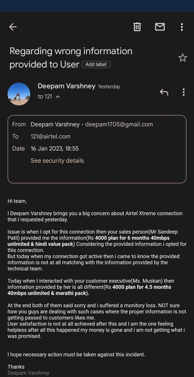 DeepamVarshney's tweet photo. @Airtel_Presence @airtelindia @MIB_India @ianuragthakur 
Airtel look into the below matter its been 15 days now. https://t.co/ijSpBUJZ8n