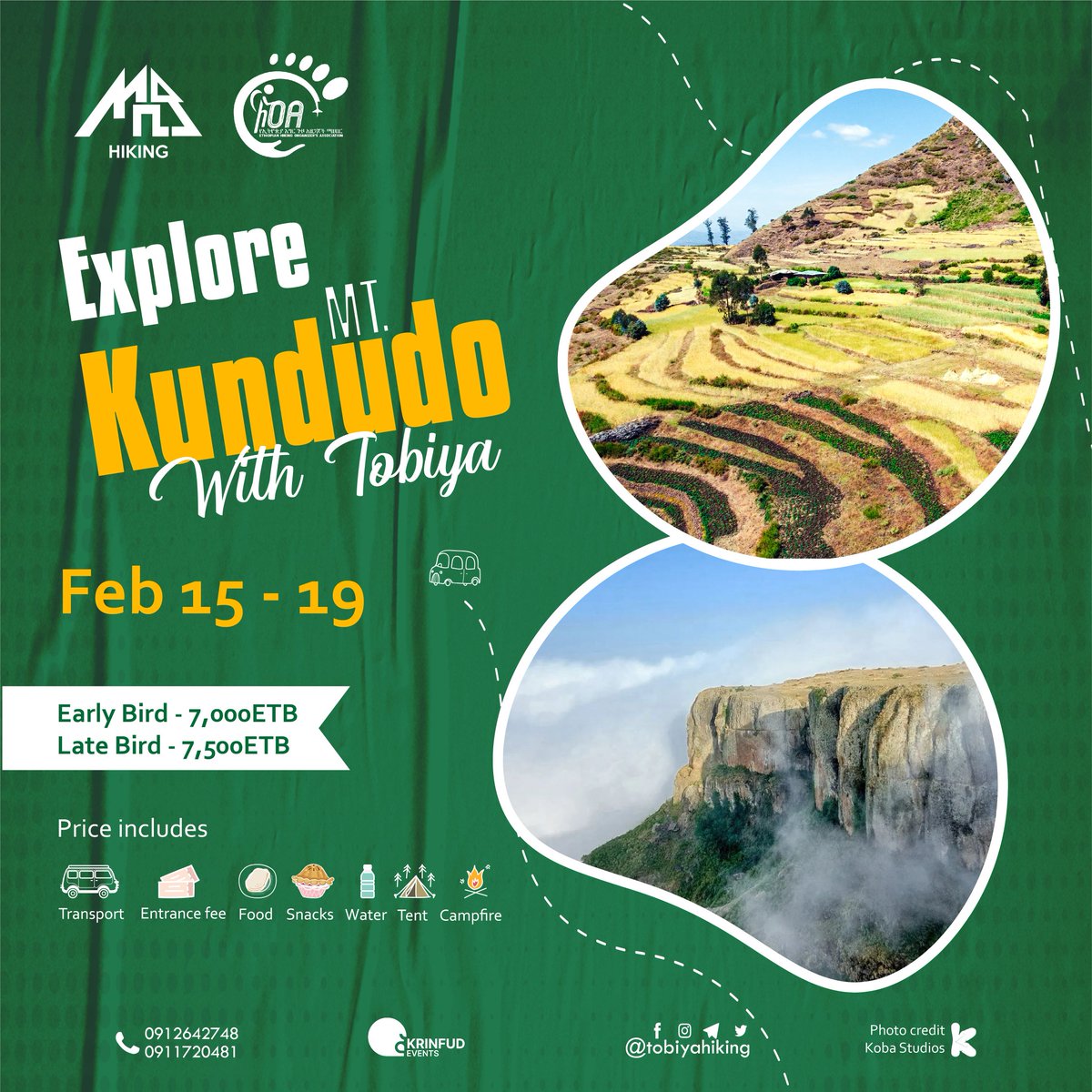 #TeamTobiya is back with a 5 days &amp; 4 nights trip to Mount Kundodo , east Hararge

Thursday Feb 15 - Sunday 19

Registration link 👇🏽
forms.gle/2U2mnsdtr1aizC…

For more info 0911 720481 - 0988 985988