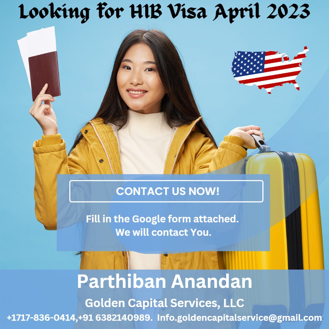 Are you Looking for H1B Visa?
Great offer is there avail now.
forms.gle/kAmeJKtLuGMqUj…
 #usa #goldencapitalservices #visa #VisaExpert #H1BVisa #H1B #h1bjobsinusa #h1blottery #h1btransfer #h1b #usavisaprocess #usavisaservice