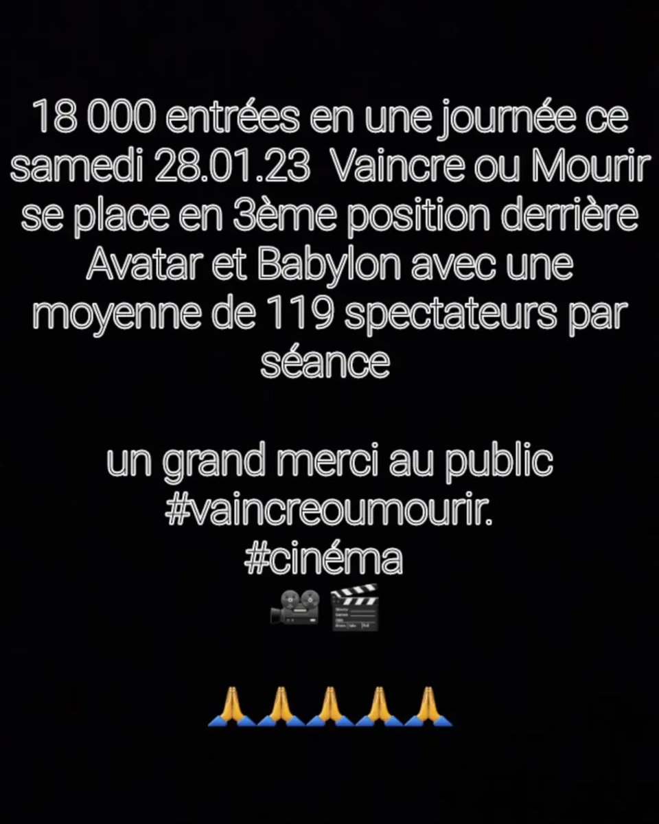 FrancisRenaud1's tweet image. Un grand merci aux spectateurs 18 000 entrées en une journée ce samedi 28.01.23 Vaincre ou Mourir se place en 3ème position derrière Avatar et Babylon avec une moyenne de 119 spectateurs par séance merci infiniment au public qui soutient ce film époustouflant #vaincreoumourir 🎥