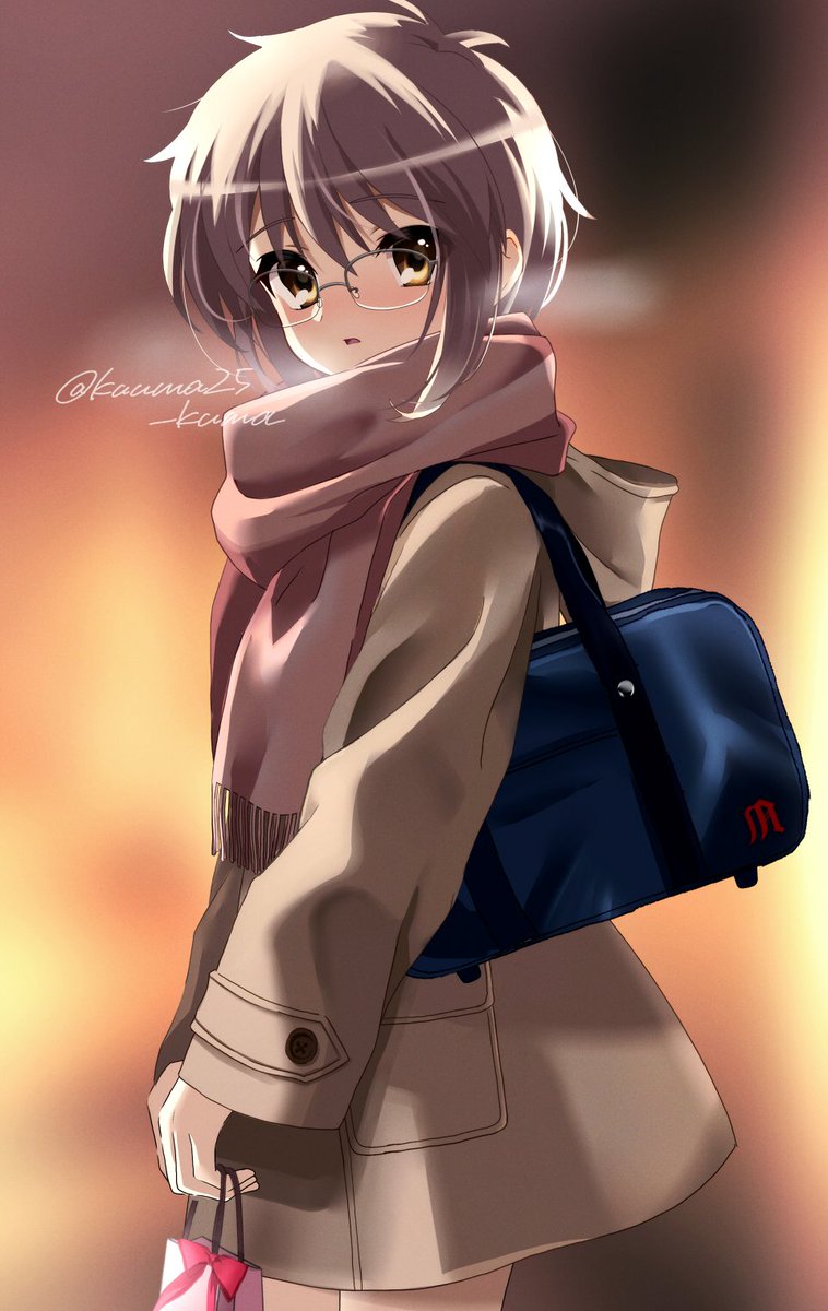 nagato yuki 1girl solo bag scarf glasses short hair brown eyes  illustration images
