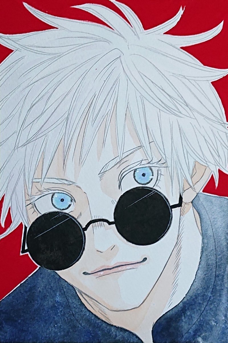 gojou satoru 1boy male focus solo blue eyes red background white hair sunglasses  illustration images