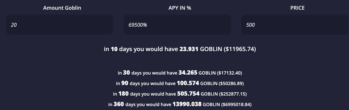 crypto_TomTom's tweet photo. guess i'm retiring with a 20 $GOBLIN bag staked, at the price of $500? 

$10k now
$252k in 6mo
$7M in 1 year

#Arbitrum is the way

to find out how much your bag will be worth - https://t.co/zI23lDwaMN https://t.co/8rqkYj7r8t