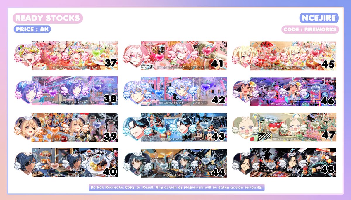 mind to help retweet? thank you!

greetings everyone, aku ada ready stock anime, enstars, genshin, bandori, dan paradox live yang bisa ditake jam 19:00 dengan harga 8k/each. atau bisa book dengan tambahan +1k!

#zonauang #zonaba