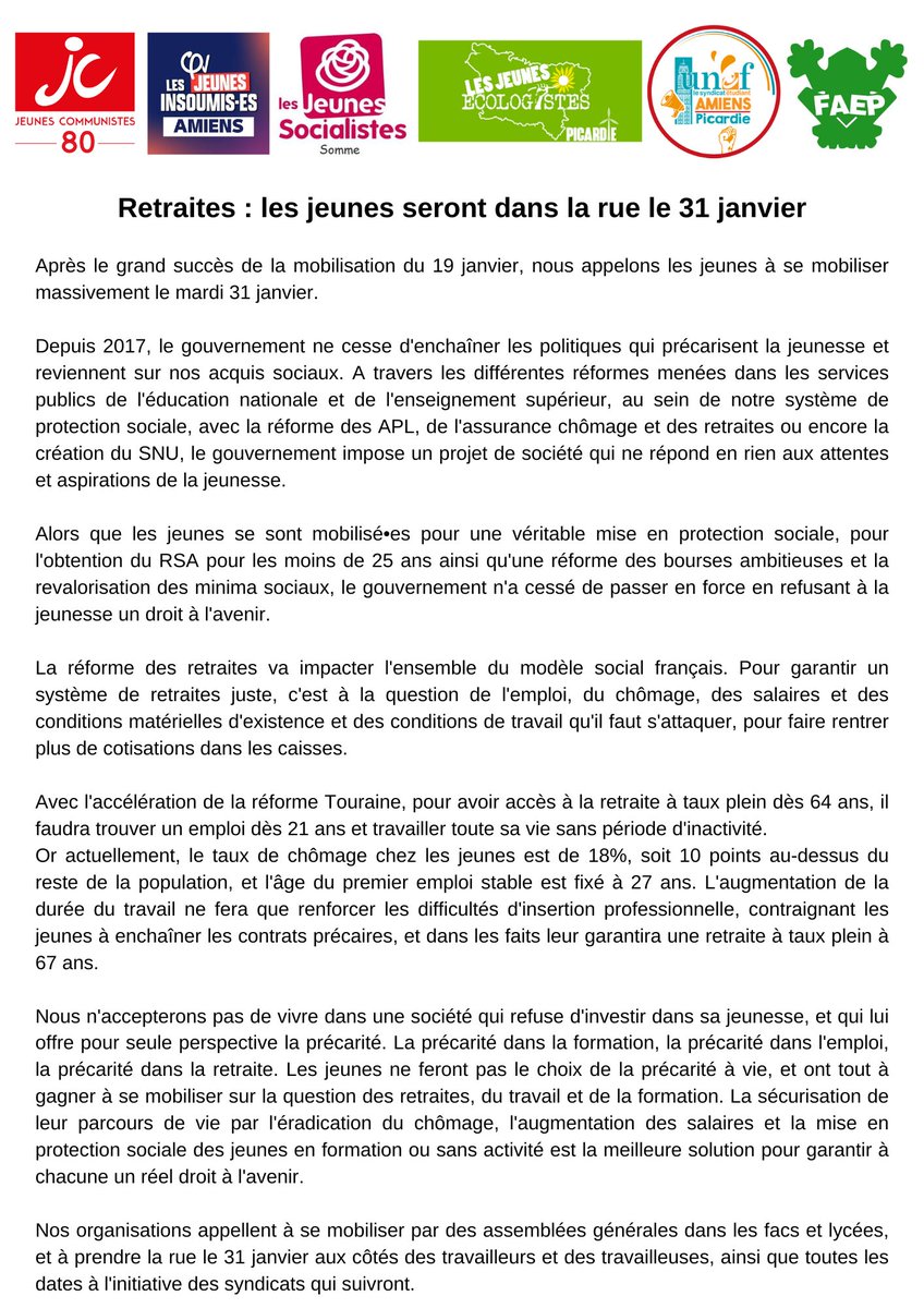 JCdu80's tweet image. 🔴🔴La Jeunesse Communiste de la Somme aux côtés des autres organisations de jeunesse vous invite à nous rejoindre mardi dans la rue à 14h pour lutter contre la refondes retraites !
Rendez-vous donc devant la maison de la culture. ✊

#mjcf #jeunessecommuniste #jeunescommunistes