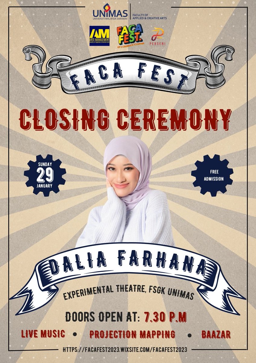 facafest2023's tweet photo. Saksikan persembahan daripada Dalia Farhana malam ini sempena penutupan FACA FEST 2023 di Experimental Theatre,  FSGK UNIMAS.  Masuk adalah PERCUMA.

#facafest2023 #unimas #fsgk #artsmanagement #closingceremony #daliafarhana https://t.co/dGpX5h6Aj3