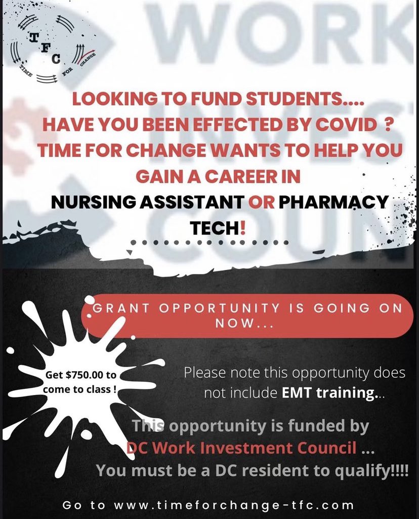@timeforchangetfc is looking for 60 individuals to train for FREE in Certified Nursing Assistant training and or Pharmacy Tech Training!!