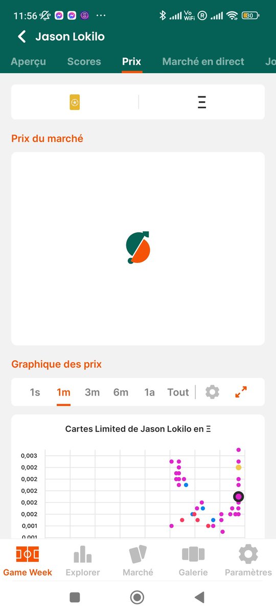 CemShot's tweet image. Hello @SorareData, cela fait 1 semaine ou plus qu'il y a un soucis sur l'App qui n'affiche plus du tout l'encart supérieur de l'onglet prix. Ça charge indéfiniment...
J'ai essayé de me déco/reco, mais ça n'a pas réglé le problème