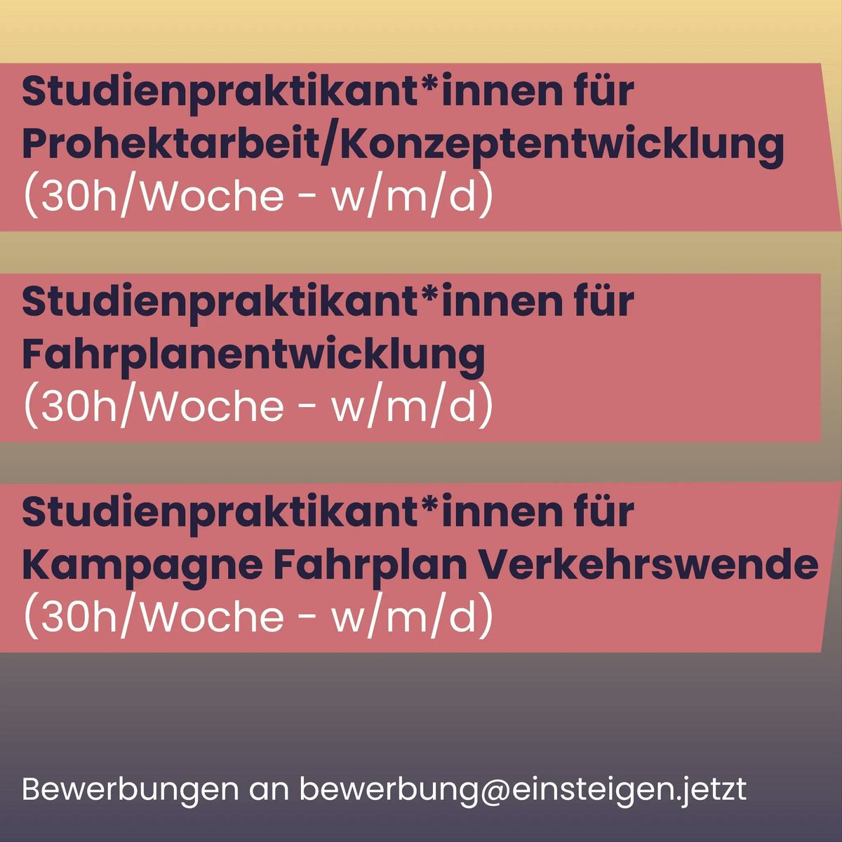 einsteigenjetzt's tweet photo. Arbeite mit uns gemeinsam für eine faire &amp; nachhaltige #Verkehrswende, damit alle Zugang zum #ÖPNV haben und unsere Straßen mehr #autoarm werden! Als #Prakti kannst du dich in verschiedenste Projekte einbringen. Bewirb dich jetzt! https://t.co/enaQvjnC8h 
#Jobs #Praktikum https://t.co/br4TUh5OWF