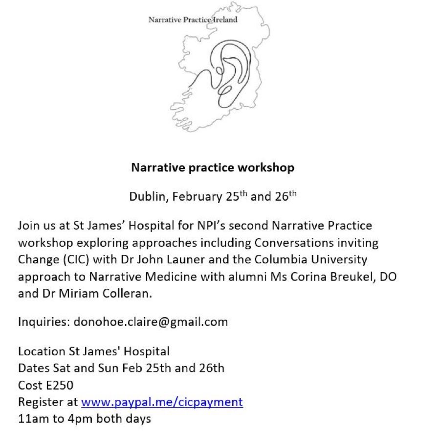 Last few places available- join us in Dublin for #NarrativePractice @JohnLauner @Miriamcolleran2 @abeug2101
