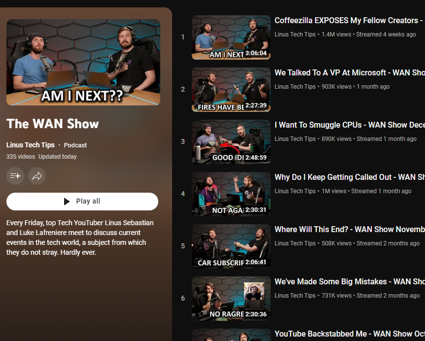 peprodeja's tweet photo. @LinusTech the two last WAN shows do not appear on the channel page nor the playlist, it makes it harder to find than it should! https://t.co/f7YFUnYwr1