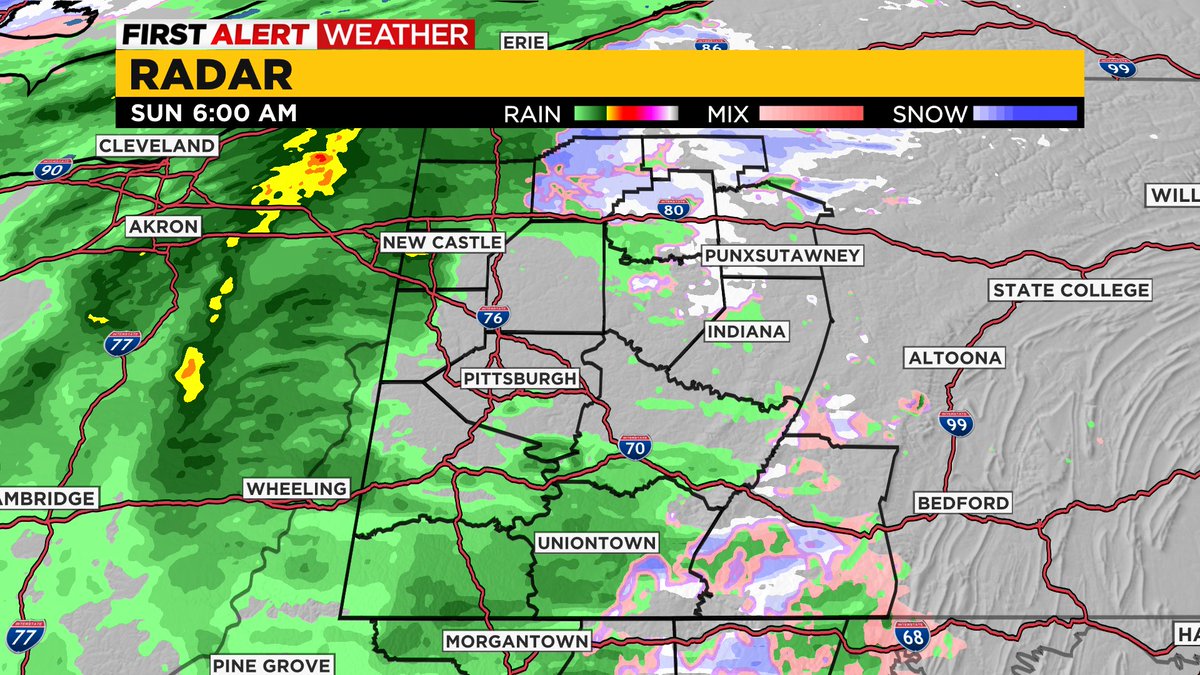 Good Sunday morning! Light rain showers are moving in and even a wintry mix for areas north of I-80 and in the ridges and Laurel Highlands. It will be another mild day before wintry weather returns tomorrow. I'm timing it out on <a href="/KDKA/">KDKA</a> from 6:30-9a! Tune in!