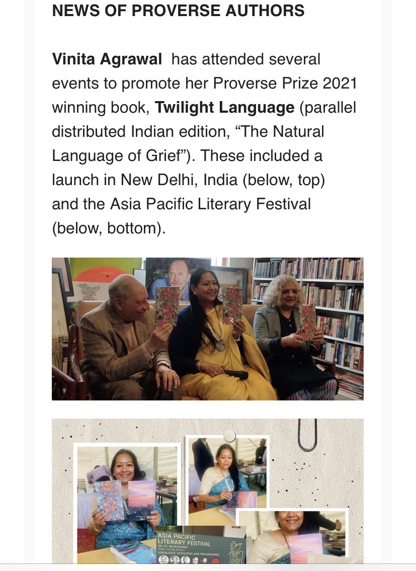 vinita65's tweet image. Delightful to have one’s book featured in the publisher’s newsletter. Thank you so much Gillian Dooley and team Proverse for carrying photos of my book launch from Bangalore and Gurgaon. #twilightlanguage #proverseprize #proverseprize2021 #proverseprize2022