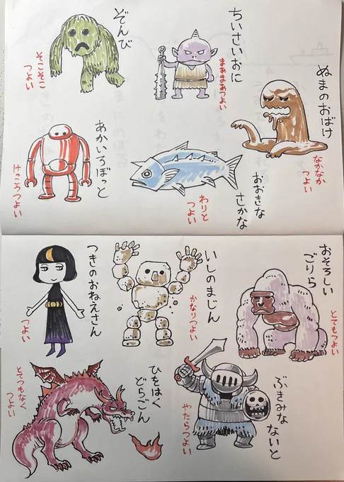 子供に字を教える時、ひらがな1文字1文字が読める状態から、単語、文章として認識する段階へ進むのに劇的に効果があった手製教材です。

これなにー!?と絵に食いついたら「何者か正体を調べてみ?」と文字を読ませます。
キャラは少しずつ増えます。 