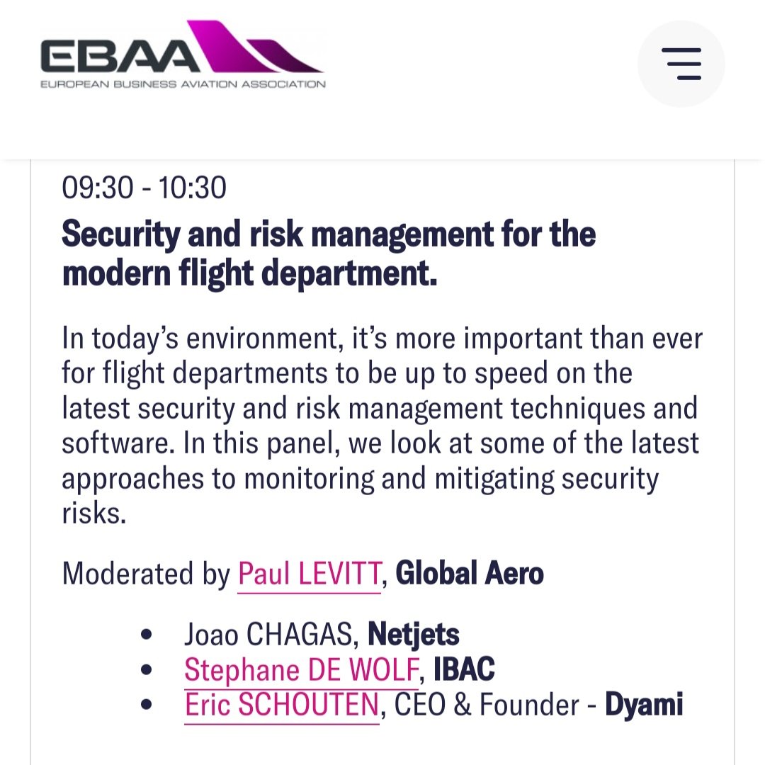 Are you involved in #securityriskmanagement within your flight department & interested in the latest developments, threats and insights that have effect on your #flightoperation?

Join me at the @EBAAorg  #AIROPS23 event in Brussels.

#businessaviation @DyamiServices