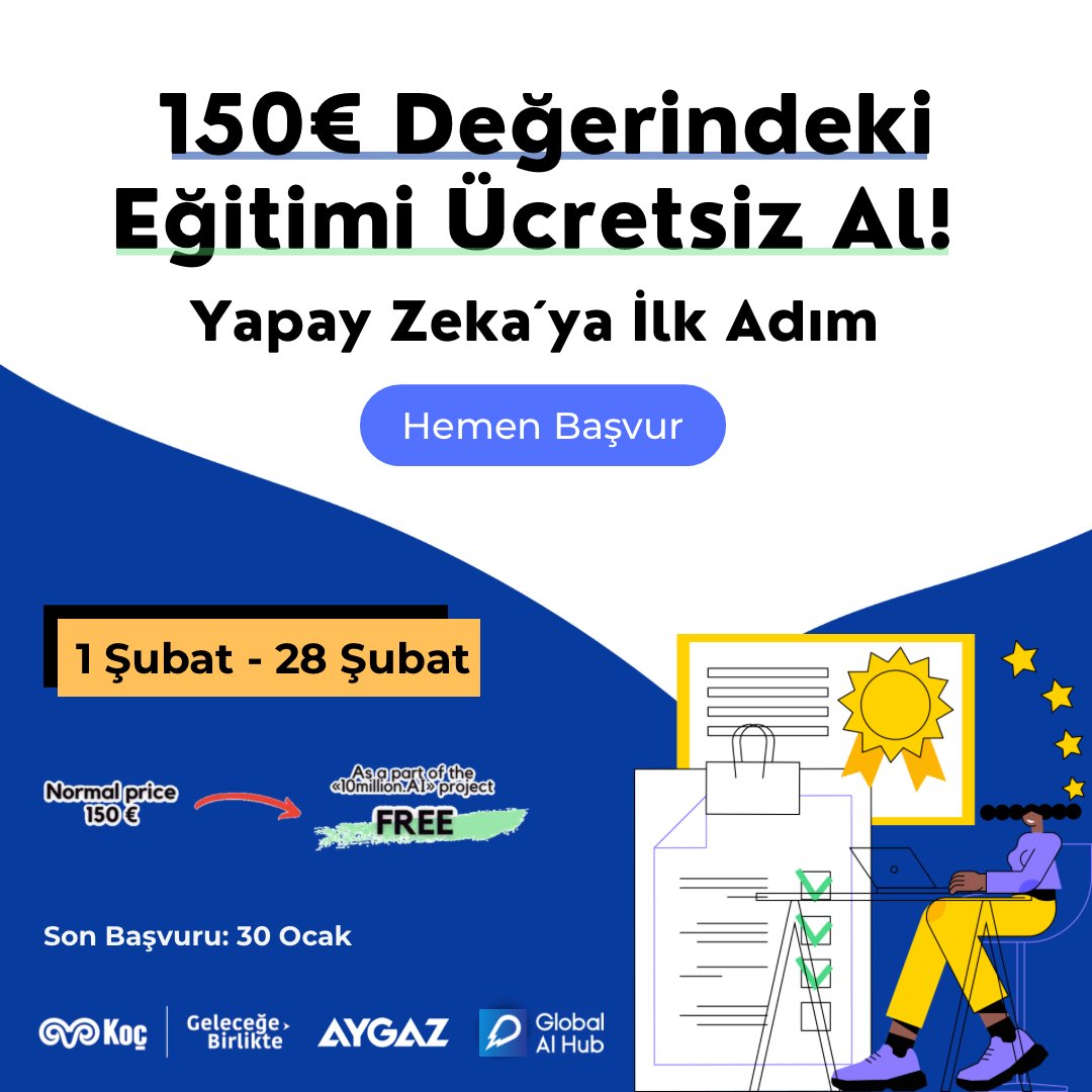 «10million.AI» bursu ile 150€ değerindeki sertifikalı Yapay Zeka'ya ilk adım kursunu ücretsiz al! Kursu almak için 👉 lnkd.in/dkkDMvDm #ailiteracy #ai #yapayzeka #kodlama #yazilim #deeplearning #machinelearning