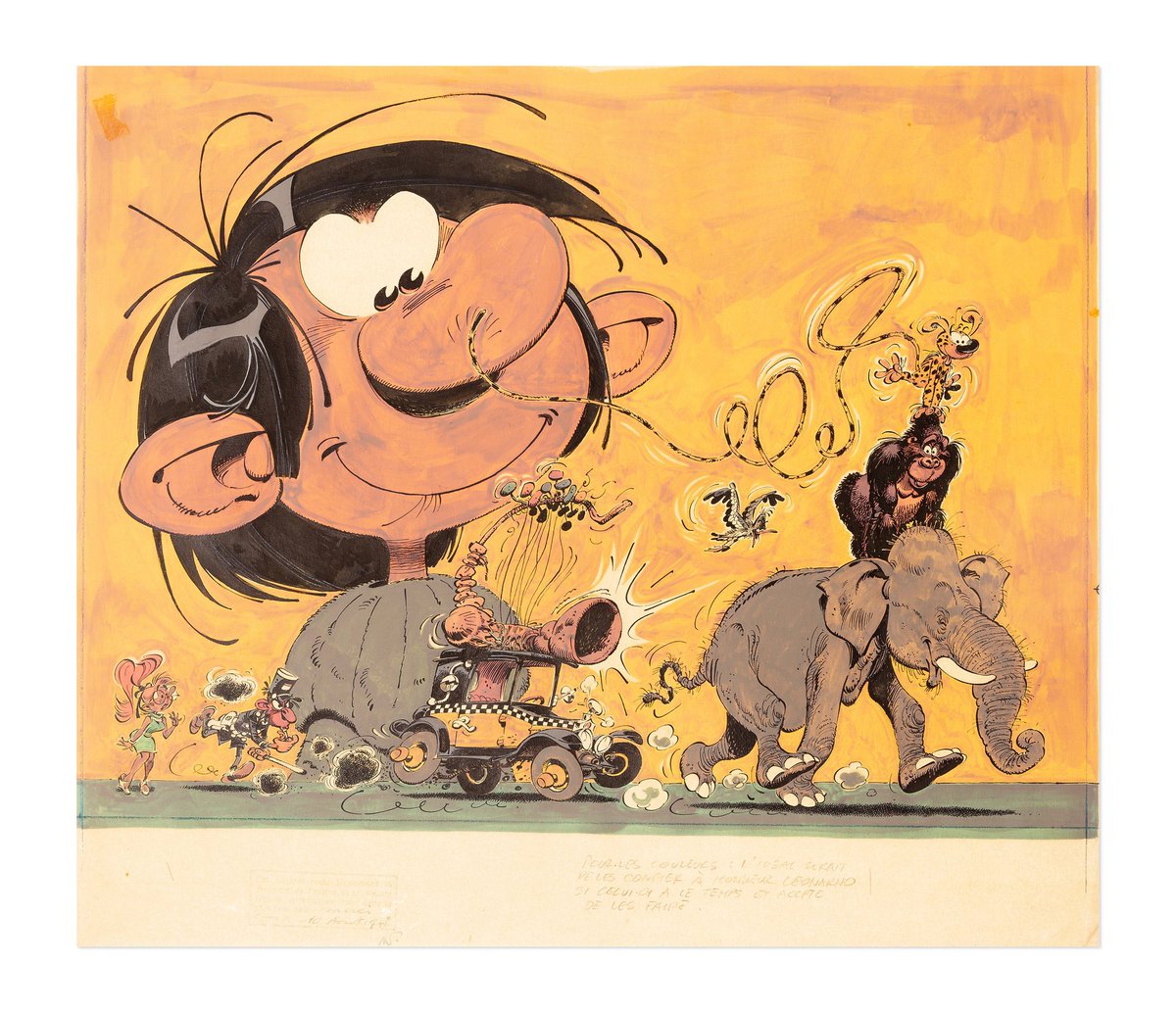 Franquin_Cie's tweet image. #Franquin, André - Grand dessin original - Pochette disque 33T - #Gaston #Lagaffe avec le #Marsupilami et son petit monde - (1978) #Angouleme @Catawiki_BD