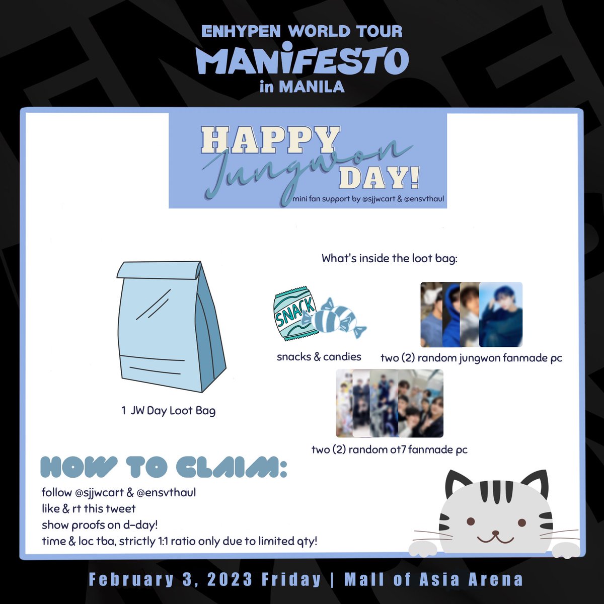 ꒰ #MANIFESTO_IN_MANILA ꒱

we will be giving away lootbags in celebration of jungwon’s birthday during manifesto in manila day 1!

how to claim our freebies: 
𓂋 follow <a href="/sjjwcart/">lou</a> &amp; <a href="/ensvthaul/">ari</a> 
𓂋 like &amp; rt this twt 
𓂋 1:1 ratio (limited qty only)
𓂋 show this twt on d-day