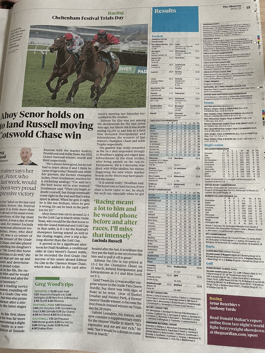 Todays <a href="/ObserverUK/">The Observer</a> football results section, squeezed into a couple of columns next to horse racing! What happened to the double page spread with all the stats, goal scorers and attendances? It’s enough to make me buy a Murdoch paper… 🤦‍♂️