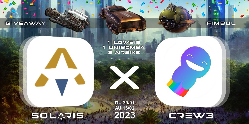 Participez à notre programme "ASTRAL" !

🚀  crew3.xyz/c/solaris

🎉  GIVEAWAY !

Tout participant quel que soit son score aura une chance de gagner. Tirage au sort pondéré !

#StarAtlas #NFT #Giveaway <a href="/at_mwagner/">SW4GN3R.ink</a> <a href="/staratlas/">Star Atlas</a> <a href="/StarAtlasFrance/">Star Atlas FR ⪛⦿⫺</a> @SpaceFroggies77 <a href="/Gargantua_Inds/">Gargantua Industries (GGA)</a>