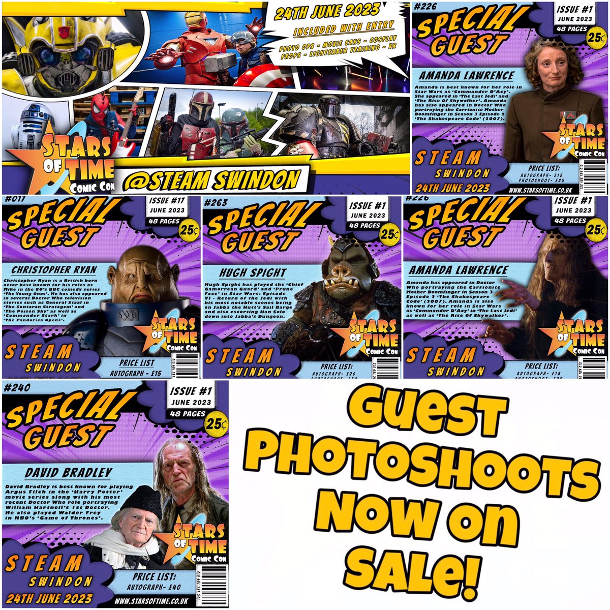 STARSOFTIME's tweet photo. GUEST PHOTOSHOOTS Now on Sale @STARSOFTIME Swindon 24th June! @steam_museum @visit_swindon @VisitWiltshire #doctorwho #whovians #harrypotter #PotterFans #doctorwho @WhovianLeap @KrynoidPodCast @dwcoverstory @ukcomiccons @classicdw @DrWhoNews @ClassicDrWho247 #GameOfThrones https://t.co/qDXe2ekdCL