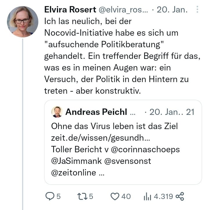 Erleben Sie nach: '#NoCovid war eine Öffnungsstrategie' nun auch 'NoCovid war aufsuchende Politikberatung'.

Präsentiert von:
Initiative #NoCovid, moderne Euphemismen für totalitäre Politik - Wohlfühlen in der modernen Diktatur.