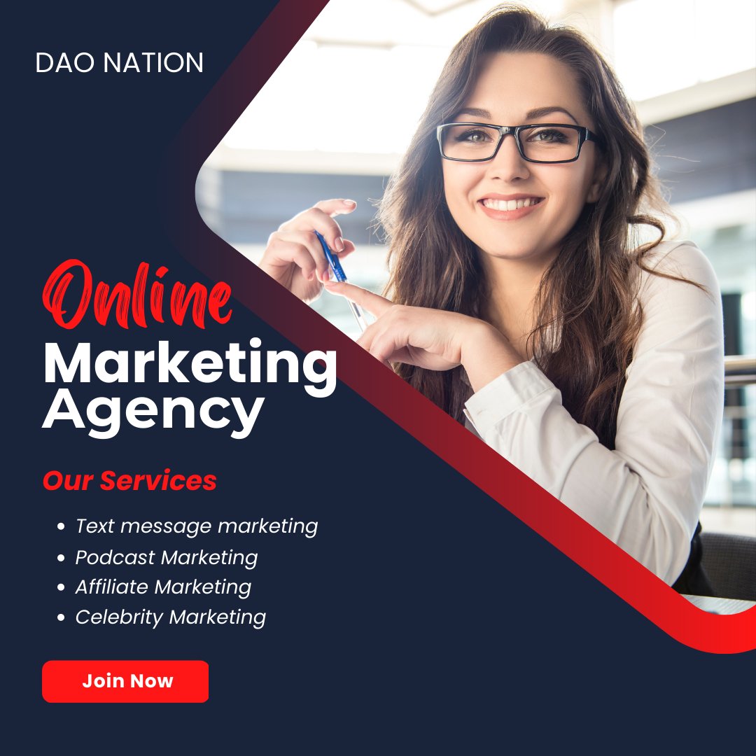Our methods are crafted specifically to expand your consumer base, promote your brand, and boost your bottom line.
.

.
#daonation #daocommunity #branding #TextMessageMarketing #podcastmarketing #affiliatemarketing #celebrityMarketing