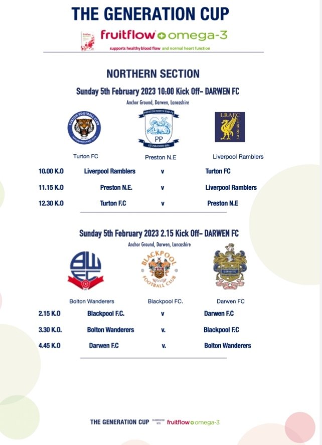 🏆 One Week Today - The Generation Cup

The admission details and schedule has now been confirmed.

🎫 Pay on the Gate - £3 Adults, £1 Concessions

The Northern Section Schedule is below 👇

#OneClub #ANewDawn 🇦🇹