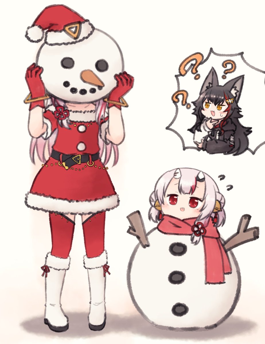 nakiri ayame ,ookami mio multiple girls snowman ? santa hat wolf ears hat horns  illustration images