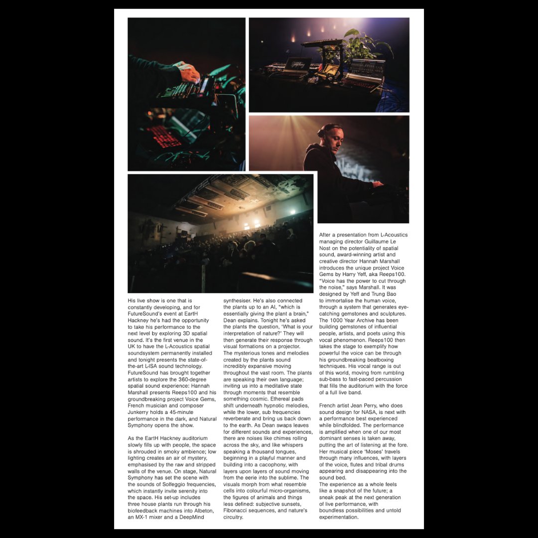 FutureSound featured in this months <a href="/DJmag/">DJ Mag</a>  (print edition) showcasing Natural Symphony &amp; his unique live music show using plants + our other artists &amp; performers at our last <a href="/_FutureSound/">FutureSound</a>  event at the <a href="/EartHackney/">EartH</a>  Theatre in December 22. Thanks to <a href="/DJAnnaWall/">Anna Wall</a>