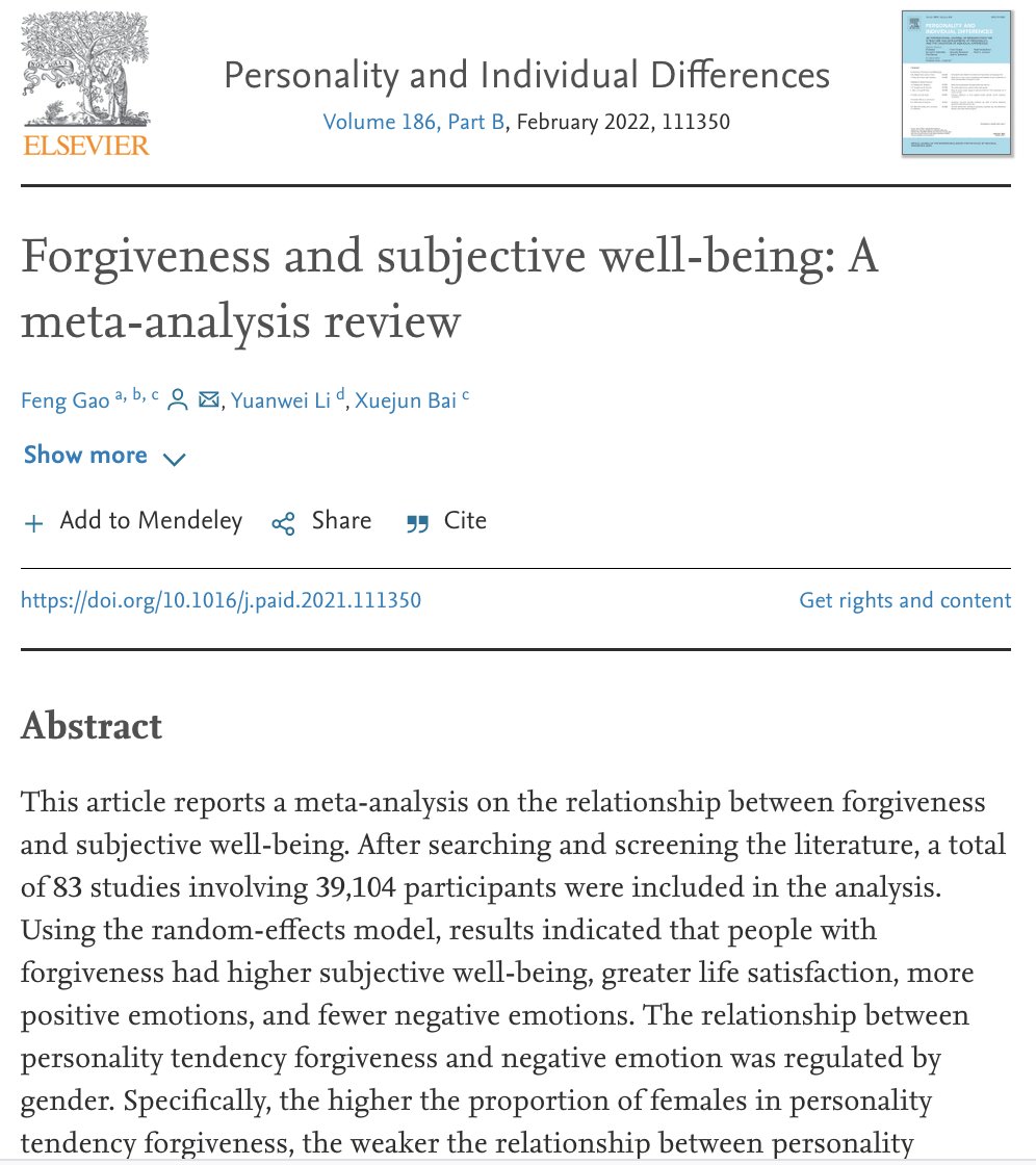 An analysis of over 39,000 people finds that people with a higher tendency towards forgiveness, have:
⬆️Well-being
⬆️Life satisfaction
⬆️ Positive emotions
⬇️ Negative emotions

Let things go