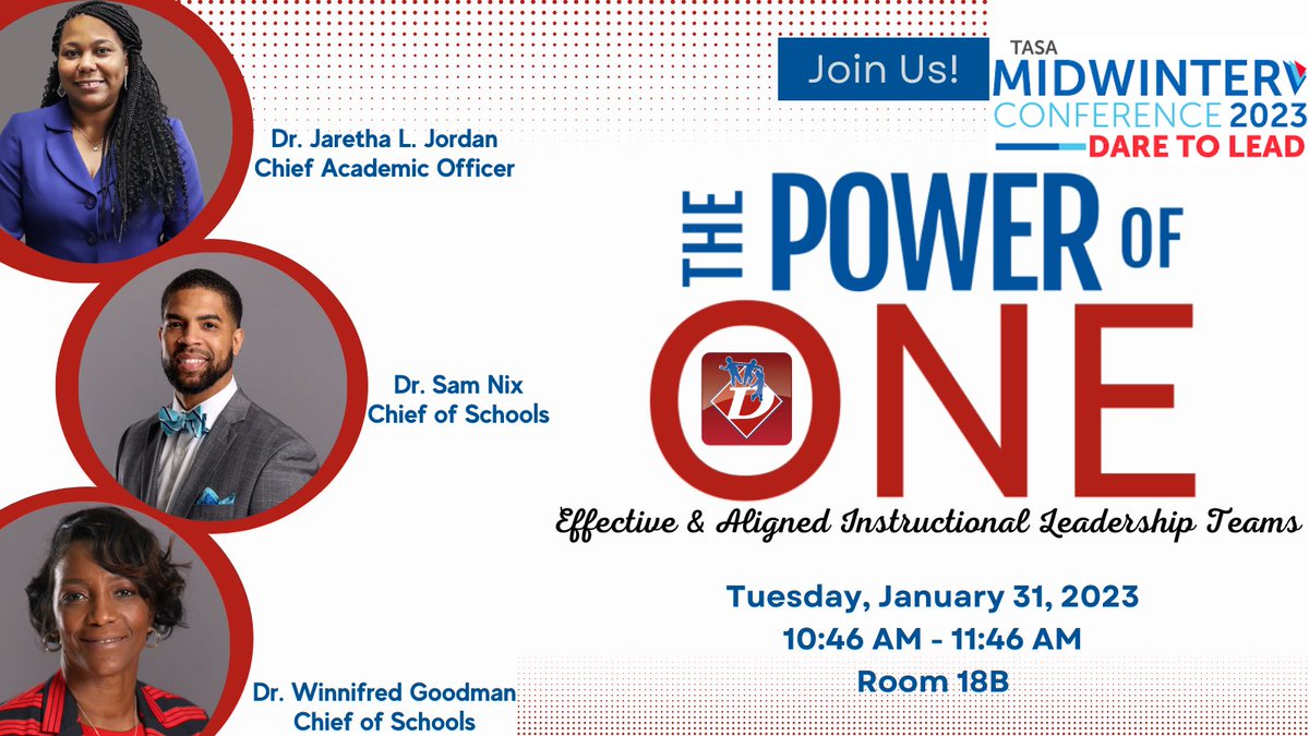 Are you attending #TASA2023? Join us as we present “The Power of ⭕️ne: Effective & Aligned Leadership Teams. Tuesday 1/31 at 10:46 in room 18B! ⁦@_SamuelNix⁩, ⁦@Winnifred_Good⁩, and I can’t wait to see you there! #DvilleALLIn #DareToLead #EmpoweringOthers @tasanet⁩