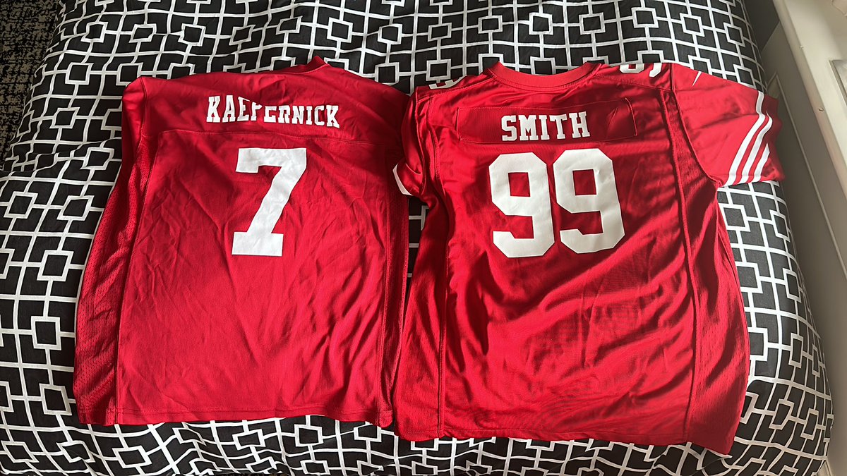 Repping one of these today. Leaning towards convicted felon Aldon Smith. Thoughts? And Kaepernick hate is not welcome here FYI https://t.co/5KdV4UYaHE