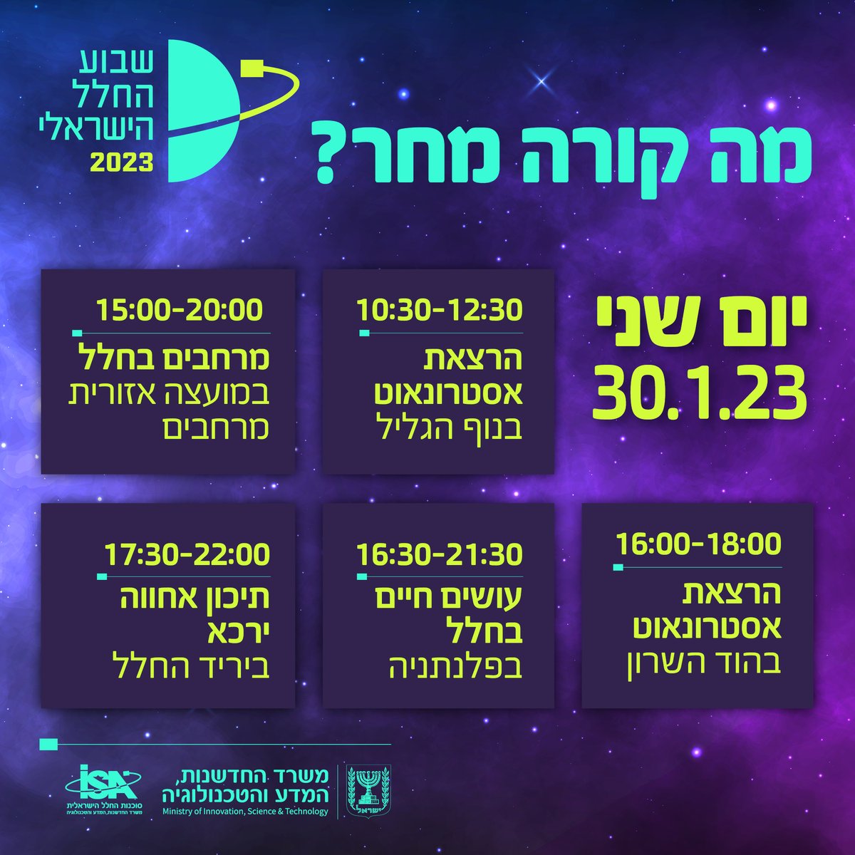 ILSpaceAgency's tweet photo. איזה יום 🚀
אחרי שפתחנו את שבוע החלל במשדר פתיחה חגיגי, פעילויות, תצפיות והרצאות - זה הזמן להביט אל המחר 🔭
אז מה קורה מחר??
לכל הפרטים >> https://t.co/h9SXOPBFEC https://t.co/kIBB3x7rJC