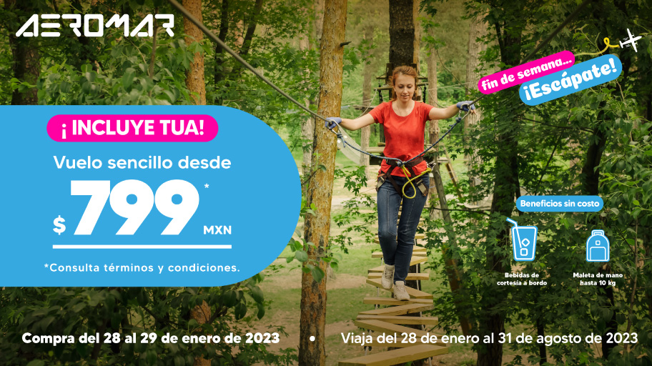 Escápate a tu destino favorito! ✈️🏖⛰
Viaje sencillo desde $799 MXN de acuerdo a disponibilidad.
Reserva hoy en aeromar.mx 
Incluye equipaje de mano y bebidas de cortesía 🍹
* Consulta términos y condiciones.