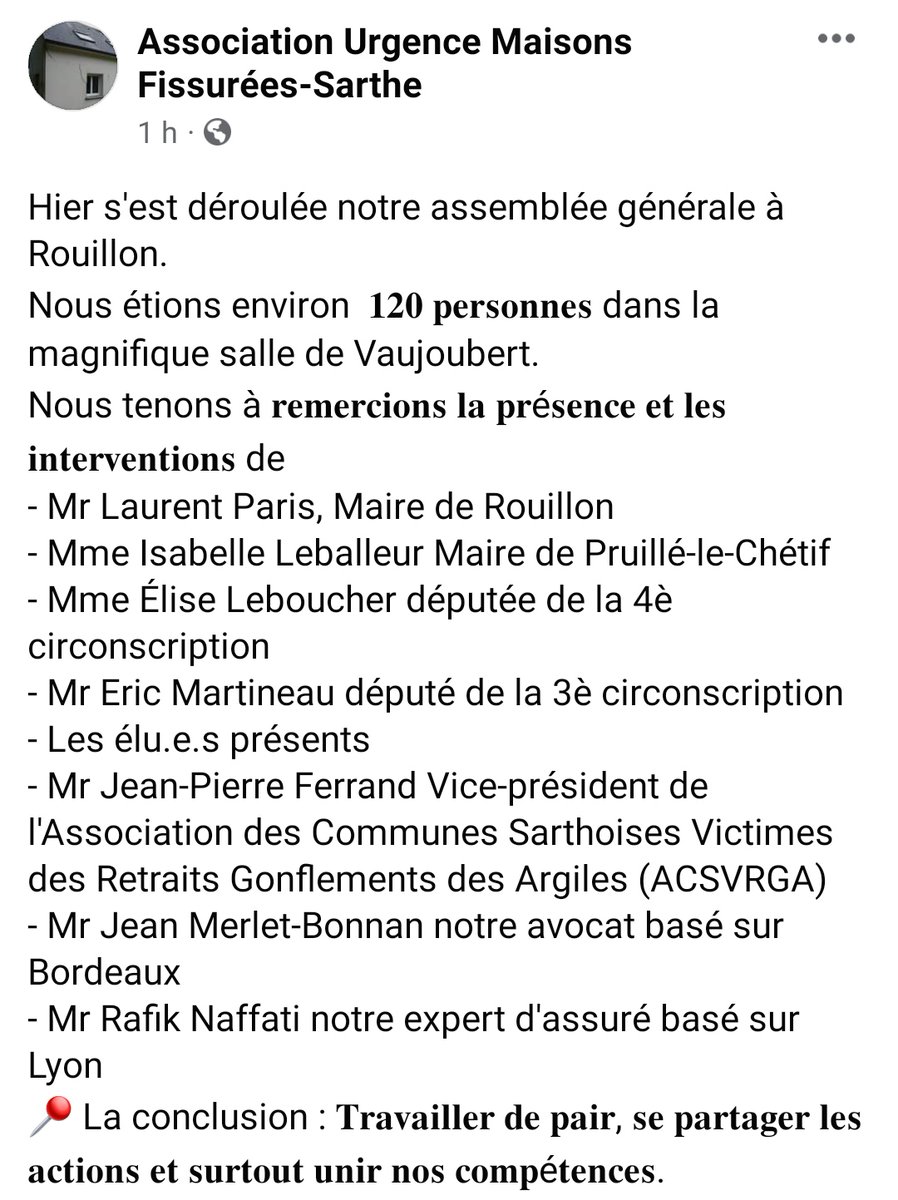 Aumf72's tweet photo. Remerciements aux invités et adherent.e.s présent.e.s lors de notre #Assembleegenerale à #rouillon
#maisonsfissurees #sarthe #solargileux #rga #retraitgonflement
#fissures #secheresse https://t.co/GkgvHATgnL