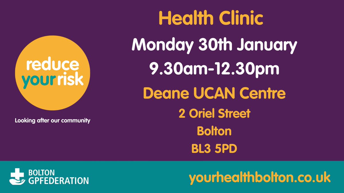 We are running a health clinic tomorrow morning at Deane UCAN Centre from 9.30am-12.30pm which is open to everyone. 

General health checks, and COVID & flu vaccines will be available or come for a chat about any health concerns with our friendly team.

#YourHealthBolton