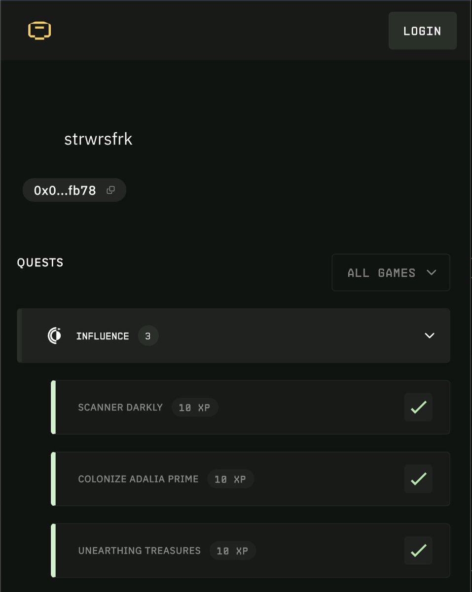 strwrsfrk's tweet photo. Others were faster, but I completed my Test-to-Earn 3 Quests for #influenceth! Thank you, @cartridge_gg , for making participation so seamless and straightforward to manage.
#playinfluence #StarkNet #MMO #web3gaming #adalia #testnetphase3 #testtoearn @First_Influence https://t.co/VH5UXZynWP