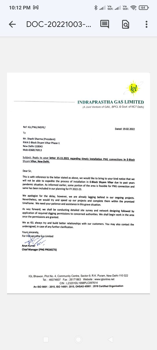 RwaShyam's tweet photo. @narendramodi @HardeepSPuri @PetroleumMin @PMOIndia @IGLSocial Please intervene on our long pending request of lying domestic png gas pipeline at E Block Shyam Vihar Phase1 South West Delhi PinCode110043. Currently No action on ground Letter attached for your reference @RwaShyam https://t.co/JsNQpSOsUB