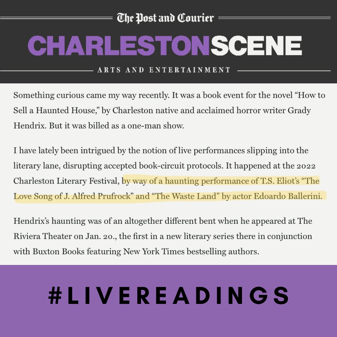 Nice to see I'm still haunting <a href="/msmaurahogan/">Maura Hogan</a> <a href="/postandcourier/">The Post and Courier</a>, and yes to more Live Readings! It's a special feeling to bring the written world to an audience. Such fond memories of presenting T.S. Eliot to <a href="/CHSLitFest/">Charleston Literary Festival</a> last year.