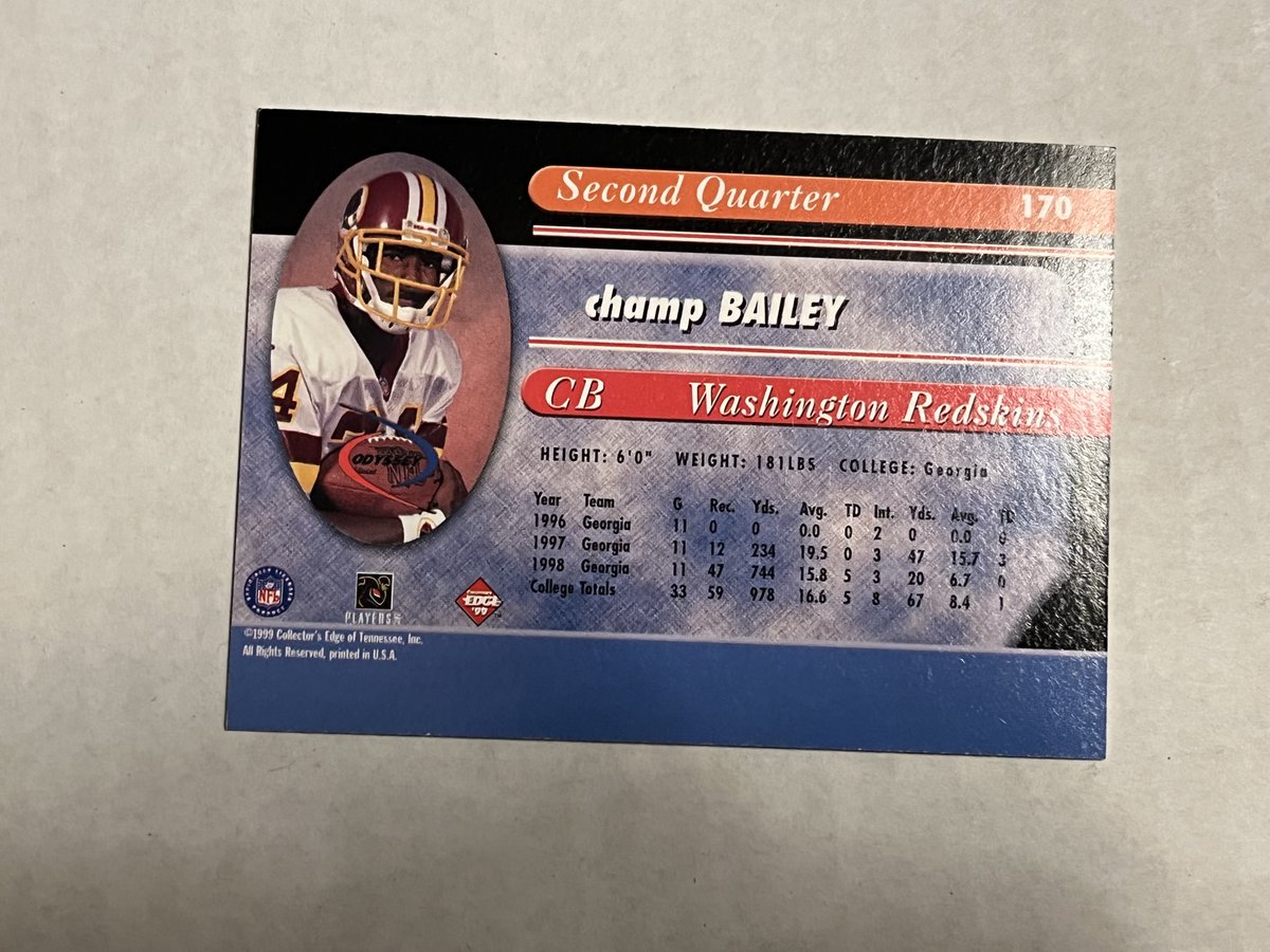 B1410 1999 COLLECTORS EDGE ODYSSEY CHAMP BAILEY #170 SECOND QUARTER ROOKIE RC - $1.00 #LukeStax