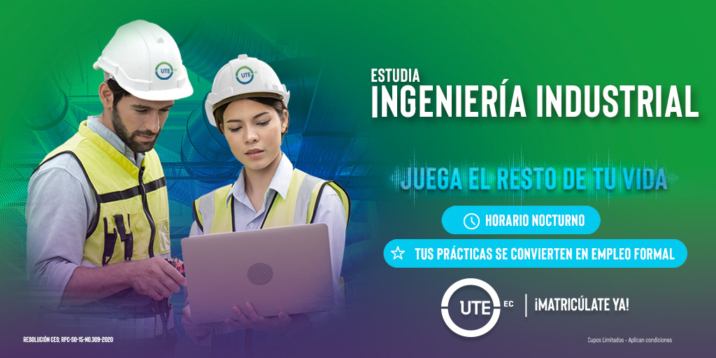 Estudia Ingeniería Industrial en la Ute: 🏭👷🏻‍♂️
✅Trabajar en empresas de bienes y servicios, del sector público y privado.
✅Se jefe de procesos y producción logística.

Tenemos un horario nocturno, adaptable a tu horario de trabajo.👌🏼

¡Regístrate aquí!👇🏼
bit.ly/3koS4vd