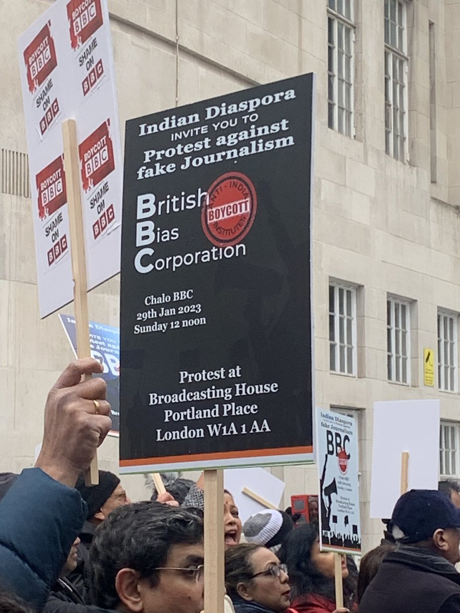 KhajuriaManu's tweet photo. 300 plus people from the Indian diaspora came out to protest in London at the @BBC headquarters against their divisive &amp; one sided documentary. Similar protests across UK in Manchester, Glasgow, New Castle and Birmingham.
#DefundTheBBC #BBCDocumentary https://t.co/6y46CgsBvQ