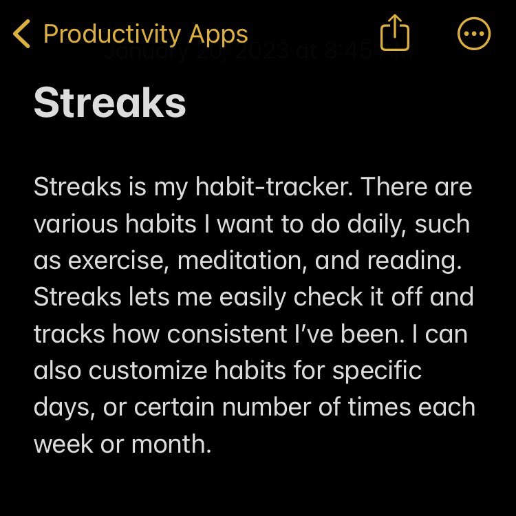 stevenlma's tweet photo. Here are 4 of my most used productivity apps from the past year:
@calm - meditation
@todoist - tasks
@NotionHQ - notes
@TheStreaksApp - habits

#productivityapps https://t.co/HzQaQOBIp6