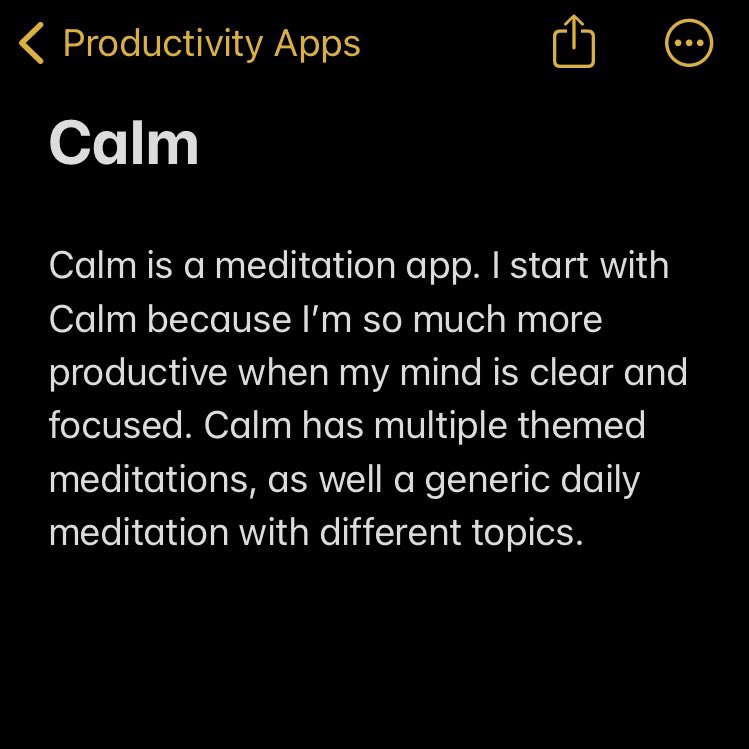 stevenlma's tweet photo. Here are 4 of my most used productivity apps from the past year:
@calm - meditation
@todoist - tasks
@NotionHQ - notes
@TheStreaksApp - habits

#productivityapps https://t.co/HzQaQOBIp6