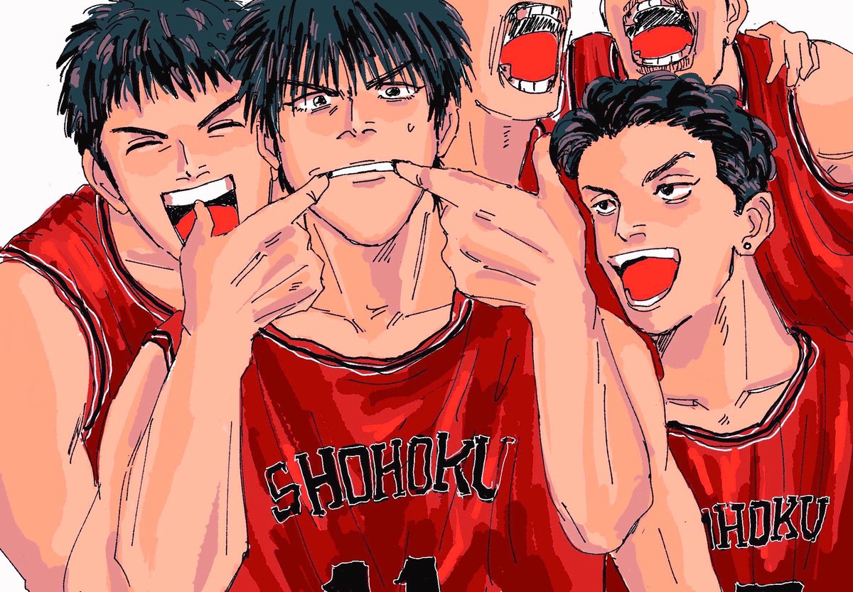 multiple boys male focus black hair open mouth red shirt smile sportswear  illustration images